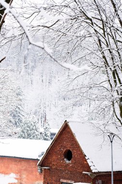Karlı bir ağacın altında dairesel pencereli kırmızı tuğla duvar
