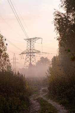 Kırsal alanda şafak vakti elektrik hatları yükselen puslu bir sabah.