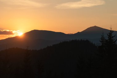 Günbatımı, sakin bir akşam manzarasında dağların ve ormanların üzerine ılık renkler saçar. Ukrayna 'daki Karpat Dağları' nda yürüyüş 
