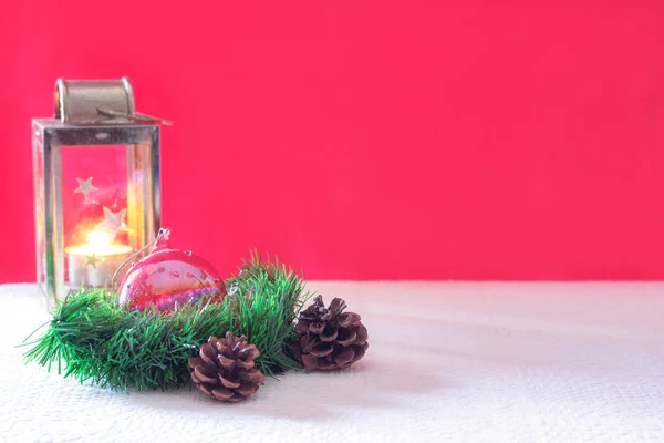 stock image New Years installation on the table in red and pink colors. Front view. High quality photo