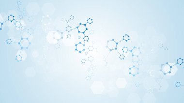Çizgiler, noktalar ve altıgenli modern bilim geçmişi. Dalga akışı soyut arkaplan. Tıbbi, teknoloji, kimya ve bilim için moleküler yapı. Vektör illüstrasyonu.