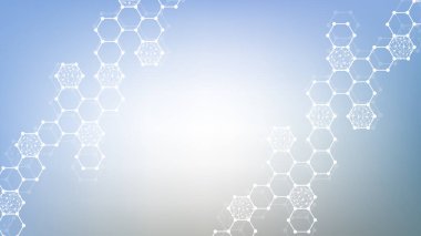 Çizgiler, noktalar ve altıgenli modern bilim geçmişi. Dalga akışı soyut arkaplan. Tıbbi, teknoloji, kimya, bilim, illüstrasyon için moleküler yapı.