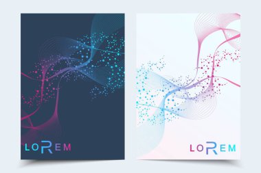 Bilimsel broşür tasarım şablonu. Vektör broşürü düzeni, birbirine bağlı çizgiler ve noktalarla moleküler yapı. Dergi, broşür, kapak, poster tasarımı için elementleri olan bilimsel desenli atom DNA 'sı.