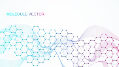 Altıgen, çizgi ve noktalı modern bilimsel altyapı. Dalga akışı soyut arkaplan. Tıbbi, teknoloji, kimya ve bilim için moleküler yapı. Vektör illüstrasyonu.
