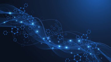 Yapı molekülü ve iletişim DNA, atom, nöronlar. Tasarımın için bilim konsepti. Noktalarla birleştirilmiş çizgiler. Tıp, teknoloji, kimya, bilim geçmişi. Vektör illüstrasyonu