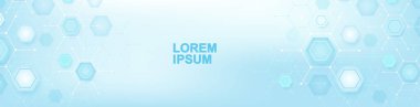 Sağlık hizmetleri, altı köşeli, çizgili ve noktalı soyut bir arka plan. Tıbbi yenilik bayrağı şablon konsepti. Biyoloji ve farmasötik teknoloji geçmişi. Vektör illüstrasyonu