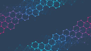 Altıgen, çizgi ve noktalı modern bilimsel altyapı. Dalga akışı soyut arkaplan. Tıbbi, teknoloji, kimya ve bilim için moleküler yapı. Vektör illüstrasyonu.