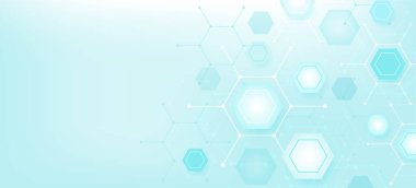 Sağlık hizmetleri, çizgiler, noktalar ve altıgenler içeren soyut bir arka plan. Tıbbi yenilik bayrağı şablon konsepti. Vektör illüstrasyonu