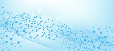 Yapı molekülü ve iletişim DNA, atom, nöronlar. Tasarımın için bilim konsepti. Noktalarla birleştirilmiş çizgiler. Tıp, teknoloji, kimya, bilim geçmişi. Vektör illüstrasyonu