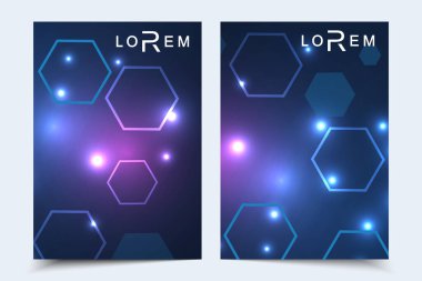 Broşür dergisi broşürleri için vektör şablonları yıllık broşür kapağı raporu. Parçacık, tıp, teknoloji, kimya, bilim için molekül yapısı ile modern fütürist altıgen desen
