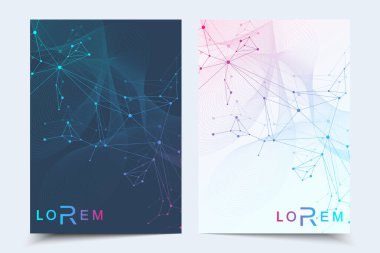 Bilimsel broşür tasarım şablonu. Vektör broşürü düzeni, birbirine bağlı çizgiler ve noktalarla moleküler yapı. Dergi, broşür, kapak, poster tasarımı için elementleri olan bilimsel desenli atom DNA 'sı.