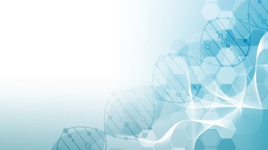 Moleküler yapı DNA, atom, nöronlar. Tasarımın için bilim konsepti. Noktalarla birleştirilmiş çizgiler. Tıp, teknoloji, kimya, bilim geçmişi. Vektör illüstrasyonu.