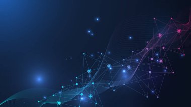Genel ağ bağlantısı web sitesi başlığı veya başlık tasarımı. Noktaları ve çizgileri birleştiren soyut bir arkaplan. Küresel. Sosyal ağ iletişimi. İnternet teknolojisi. Vektör illüstrasyonu.