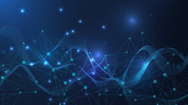 Genel ağ bağlantısı web sitesi başlığı veya başlık tasarımı. Noktaları ve çizgileri birleştiren soyut bir arkaplan. Küresel. Sosyal ağ iletişimi. İnternet teknolojisi. Vektör illüstrasyonu.