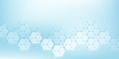 Sağlık hizmetleri ya da altıgenli, çizgili ve noktalı tıbbi özgeçmiş. Bilimsel yenilik bayrağı şablon konsepti. Biyoloji ve farmasötik teknoloji geçmişi. Vektör illüstrasyonu