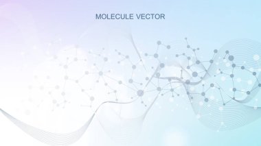 Yapı molekülü ve iletişim. DNA, atom, nöronlar. Tasarımınız için bilimsel bir kavram. Noktalarla birleştirilmiş çizgiler. Tıp, teknoloji, kimya, bilim geçmişi. Vektör illüstrasyonu.