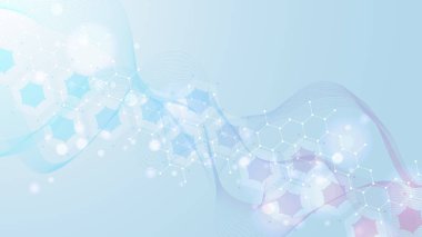 Altıgen, çizgi ve noktalı modern bilimsel altyapı. Dalga akışı soyut arkaplan. Tıbbi, teknoloji, kimya ve bilim için moleküler yapı. Vektör illüstrasyonu.