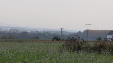 Buğday tarlasında traktörü olan güzel bir manzara.