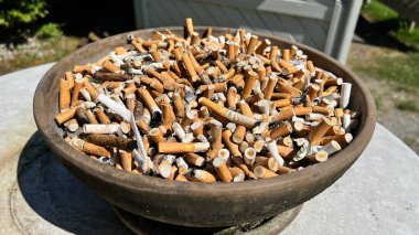 Sigara izmaritleriyle dolup taşan büyük bir vazo kirliliği, bağımlılığı ve çevresel etkiyi simgeliyor. Çöpe atılmış sigara atığının çarpıcı görüntüsü.