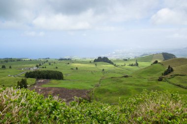 Portekiz, Azores 'in yeşil tepelerinin ve açık arazilerinin muazzam manzarası. Arka planda Atlantik Okyanusu var. Huzurlu ve doğal bir manzara..