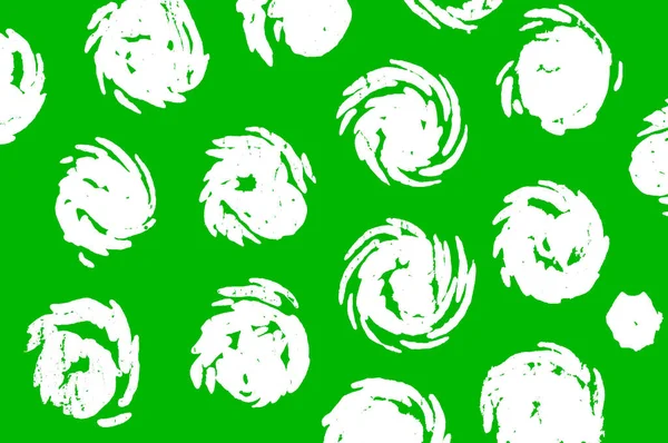 Pattern with different spiral round patterns of white color on a green background. Unique Marshmallow imprints