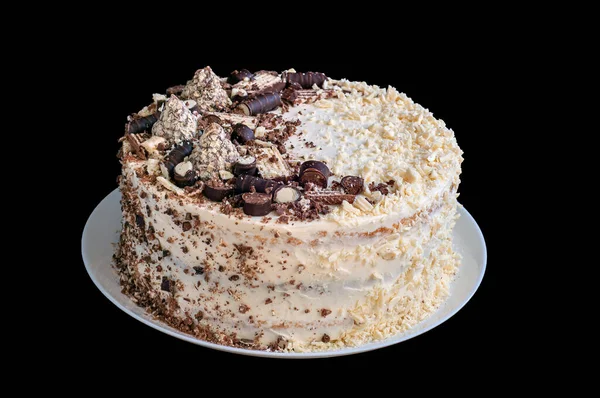 Yapımı Sünger Kek Çikolata Kırıntı Waffle Ile Süslenmiş Kek Beyaz — Stok fotoğraf