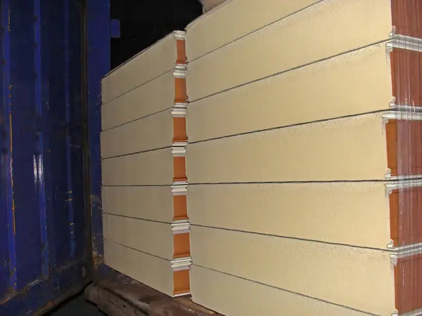 Deux Piles Panneaux Sandwich Empilés Bâtiment Pour Isolation Mur Entrepôt — Photo