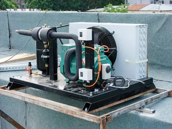 stock image Rooftop installation of a commercial air conditioning unit in an urban environment