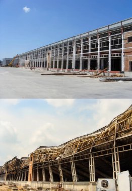 Şiddetli yangından önce ve sonra soğuk hava deposu karşılaştırması yapısal çöküşü gösteriyor..