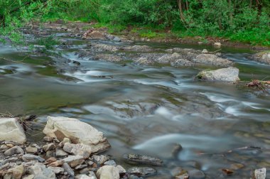 Parlak bir günde kayalık, ağaçlık bir arazide süzülen nehrin pürüzsüz, ipeksi akışını uzun bir pozlama yakalar..