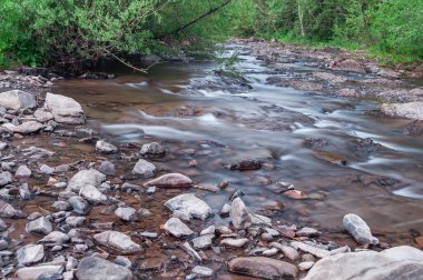 Ormandaki kayaların üzerinden akan sığ bir nehrin uzun pozlu görüntüsü. Su pürüzsüz ve bulanık ve etrafındaki ağaçlar yemyeşil..