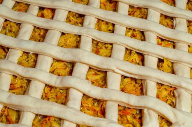 Yakından çekilmiş, lezzetli bir turta kafes kabuğuyla birlikte lezzetli lahana ve havuçla pişirilmeye hazır..