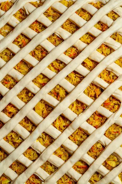 Kafes kabuklu bir turtanın yakın çekimi lezzetli bir lahana ve havuç dolgusunu ortaya çıkarır. Sıcak renkler bir ısırığa davet edilir.