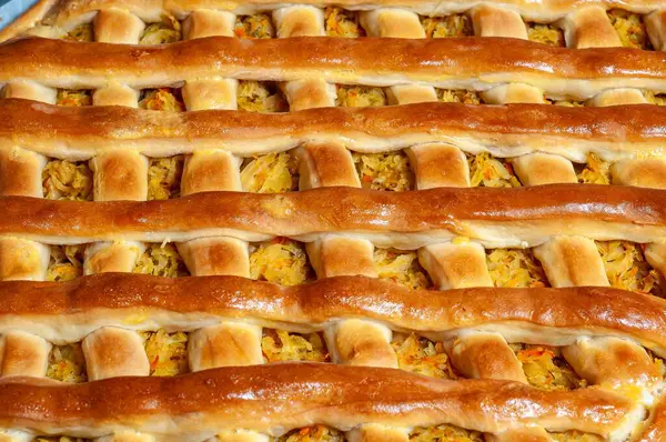 Üzerinde kafes kabuğu ve lahana ve havuç olan altın fırınlanmış bir turtanın yakın çekimi. Bu lezzetli turta çok lezzetli..