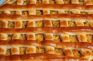 Güzel bir kafes kabuğuyla lezzetli, lezzetli bir turtanın yakın plan çekimi. Turta lezzetli sebze karışımıyla dolu..