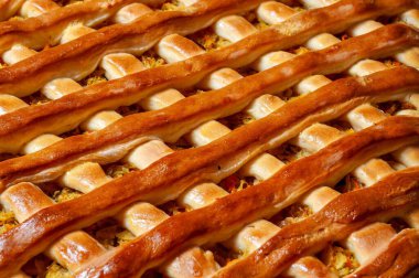 Lezzetli, yeni pişmiş bir turtanın yakından çekimi. Güzel bir kafes kabuğu tasarımı var. Tadını çıkarmaya hazır. Altın-kahverengi kabuk mükemmel pişmiş..