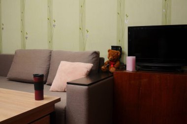 Rahat bir oturma odası sahnesi, yastıklı bir kanepe, bir oyuncak ayı ve modern bir televizyon. Oda yumuşak ışıkla yıkanmış..