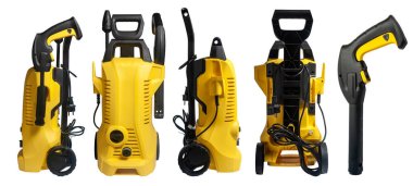 Sarı ve siyah basınçlı yıkama makinesi, beyaz arka planda izole edilmiş, dizaynını ve bileşenlerini vurgulayan birçok açıdan gösterilir..