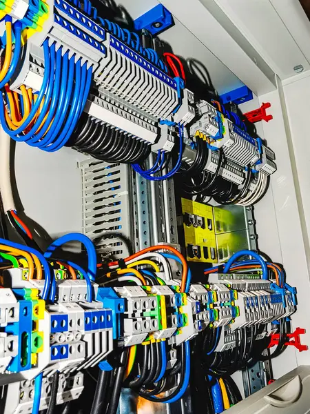 Elektrik panelinin çok sayıda kablosu, devre kesicisi ve konnektörüyle yakın plan çekimleri içerideki karmaşık kabloları ve bileşenleri gösteriyor..