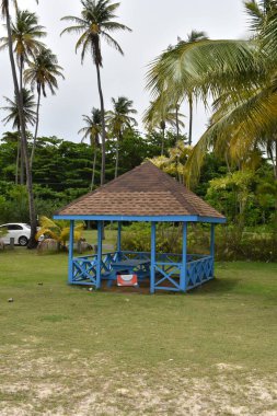 Güvercin Noktası, Tobago - 12 Temmuz 2022 Pigeon Point Miras Parkı 'ndaki Güvercin Noktası Sahili Sahili Kulübeleri. Bu kulübeler sahil sakinleri ve turistler için çok ucuza kiralandı..