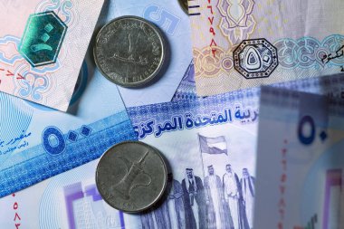 Dirhams para birimini, AED 'i, banknotları ve paraları kapatın, Birleşik Arap Emirlikleri