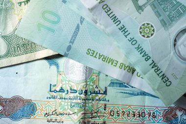 Dirhams para birimini, AED 'i, banknotları ve paraları kapatın, Birleşik Arap Emirlikleri