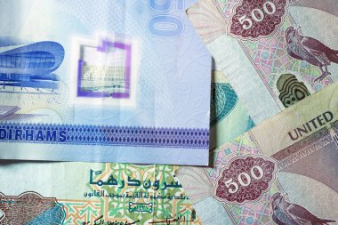 Dirhams para birimini, AED 'i, banknotları ve paraları kapatın, Birleşik Arap Emirlikleri