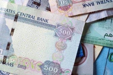 Dirhams para birimini, AED 'i, banknotları ve paraları kapatın, Birleşik Arap Emirlikleri