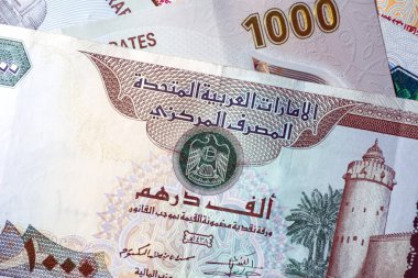 Dirhams para birimini, AED 'i, banknotları ve paraları kapatın, Birleşik Arap Emirlikleri