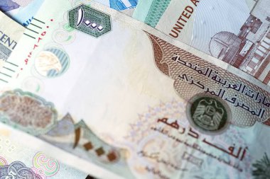 Dirhams para birimini, AED 'i, banknotları ve paraları kapatın, Birleşik Arap Emirlikleri