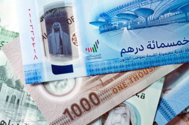 Dirhams para birimini, AED 'i, banknotları ve paraları kapatın, Birleşik Arap Emirlikleri