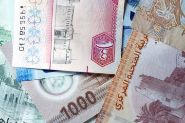 Dirhams para birimini, AED 'i, banknotları ve paraları kapatın, Birleşik Arap Emirlikleri