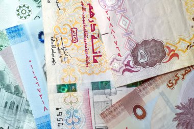 Dirhams para birimini, AED 'i, banknotları ve paraları kapatın, Birleşik Arap Emirlikleri