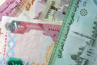 Dirhams para birimini, AED 'i, banknotları ve paraları kapatın, Birleşik Arap Emirlikleri